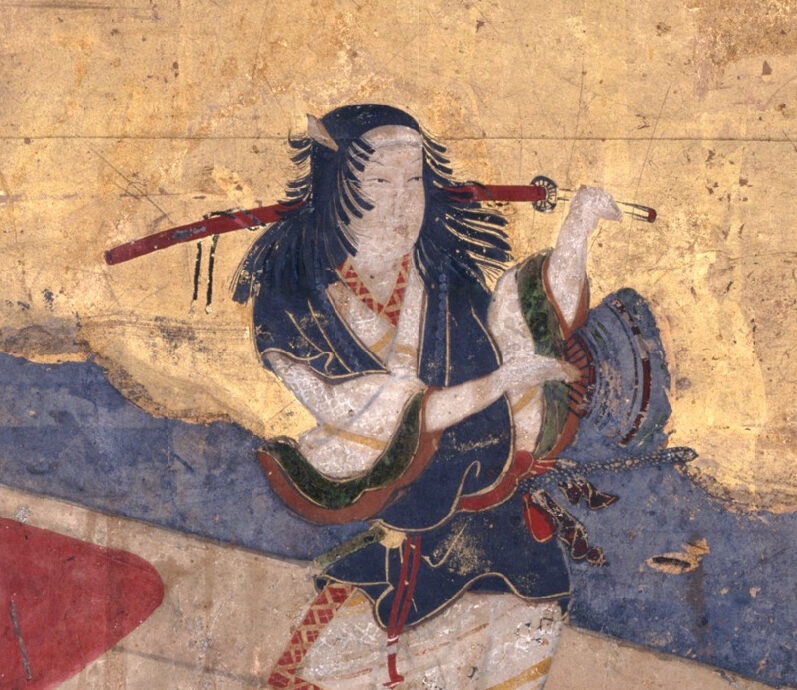 A kabuki performer with a sword performs against a gold background