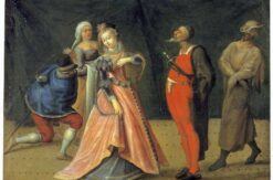 Commedia dell'arte performers in 16th century clothing perform a courtship scene.