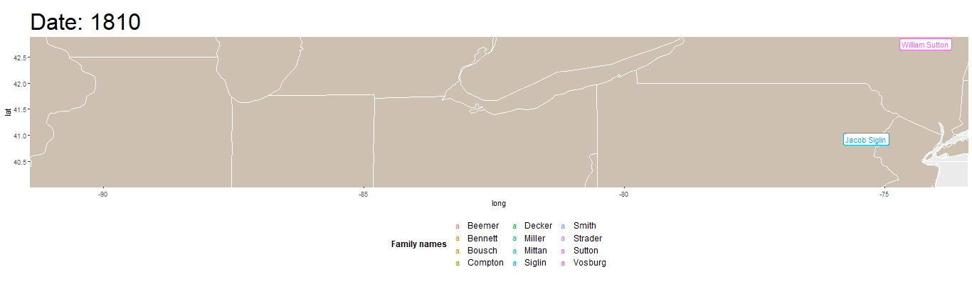 Animation showing many people migrating from eastern Pennsylvania to Lee County, Illinois.