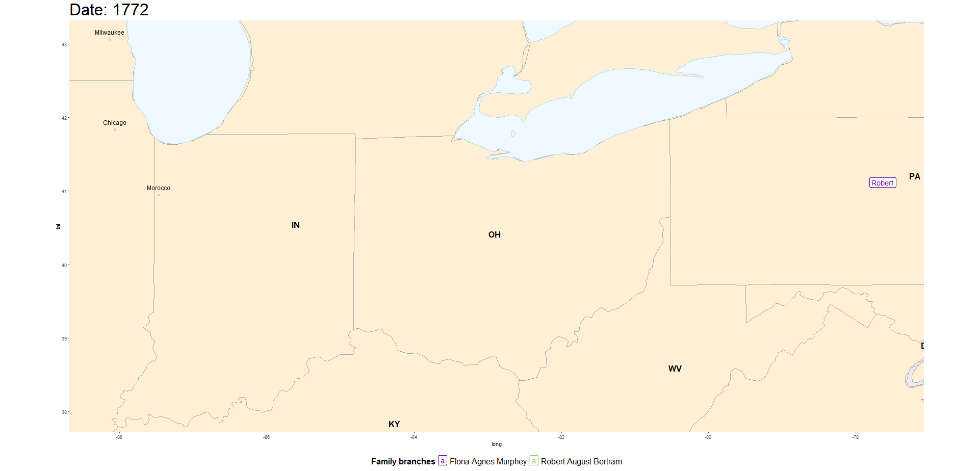 A map of the area between Milwaukee and western Pennsylvania, showing family members traveling across it over time.